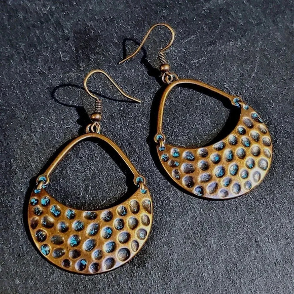 Antique Copper Verdigris Blue Green Patina Hammered Open Teardrop Earrings - Picture 1 of 7